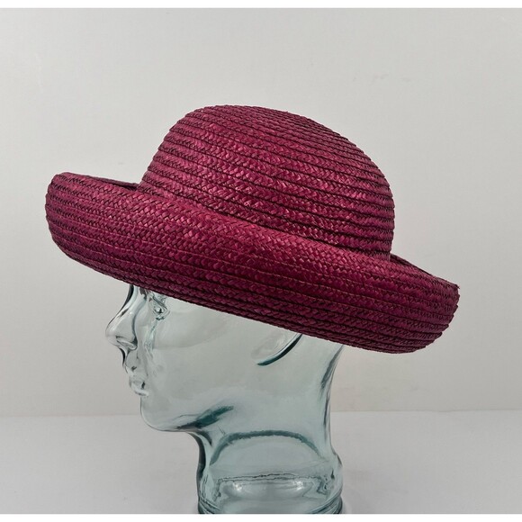 VTG Laura Ashley Italy Pink Red Raffia Straw Hat Rolled Brim Coche Style Cottage main image 5